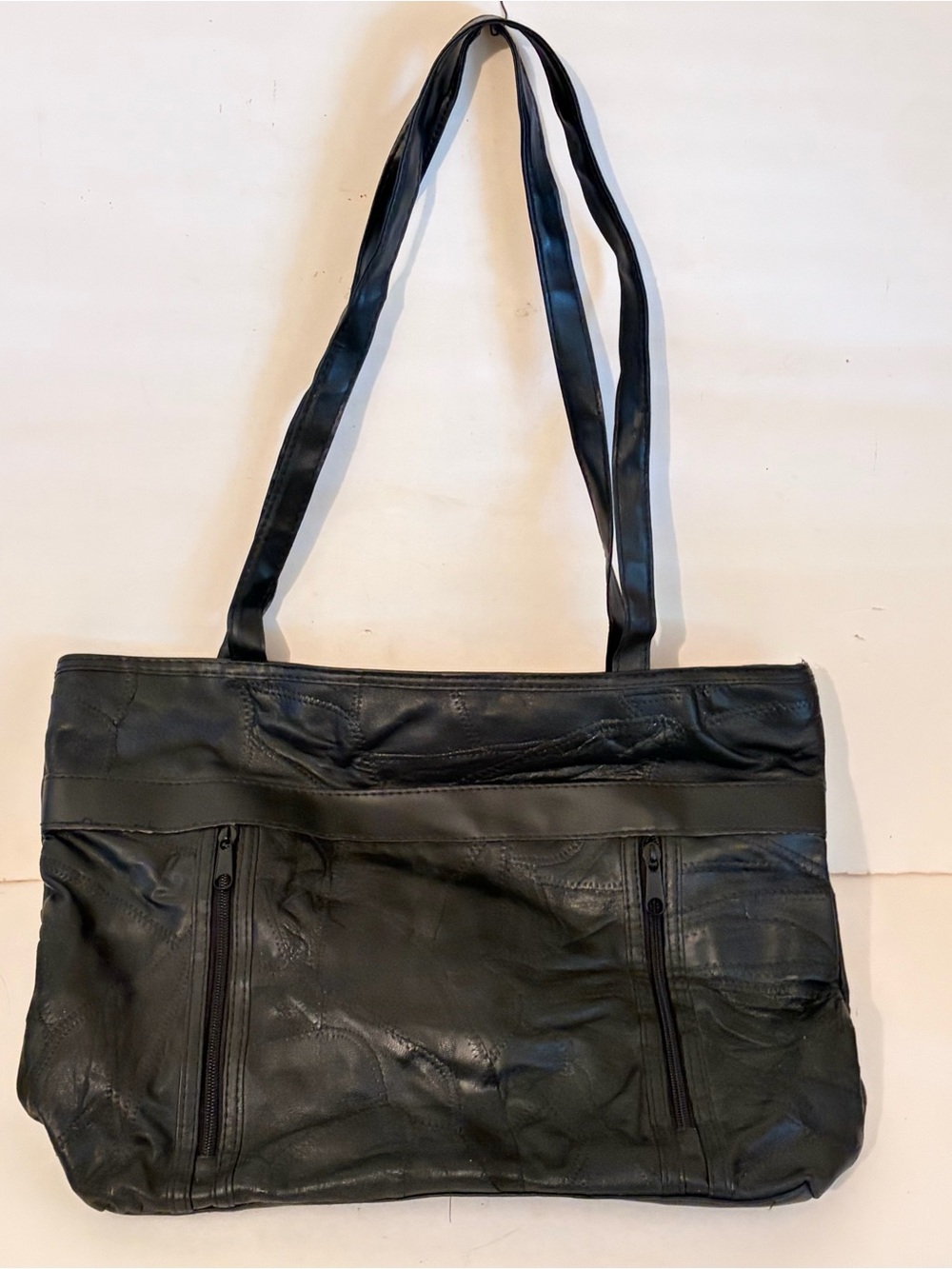 Vintage Solid Black Patchwork Leather Shoulder Bag Purse